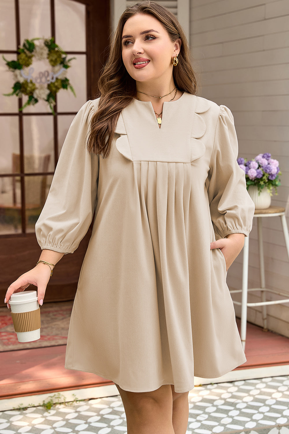 Plus size mini dress with scallop detail and notched neckline by Dear-Lover, featuring a stylish and comfortable fit.