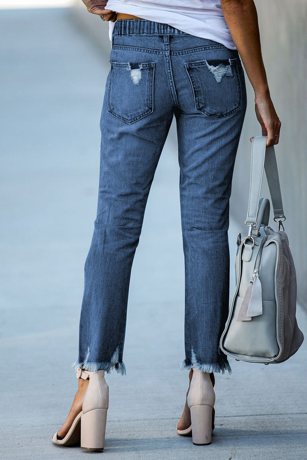 Dark blue Dear-Lover elastic waist straight leg jeans with distressed details and raw hem, casual bottoms for everyday wear