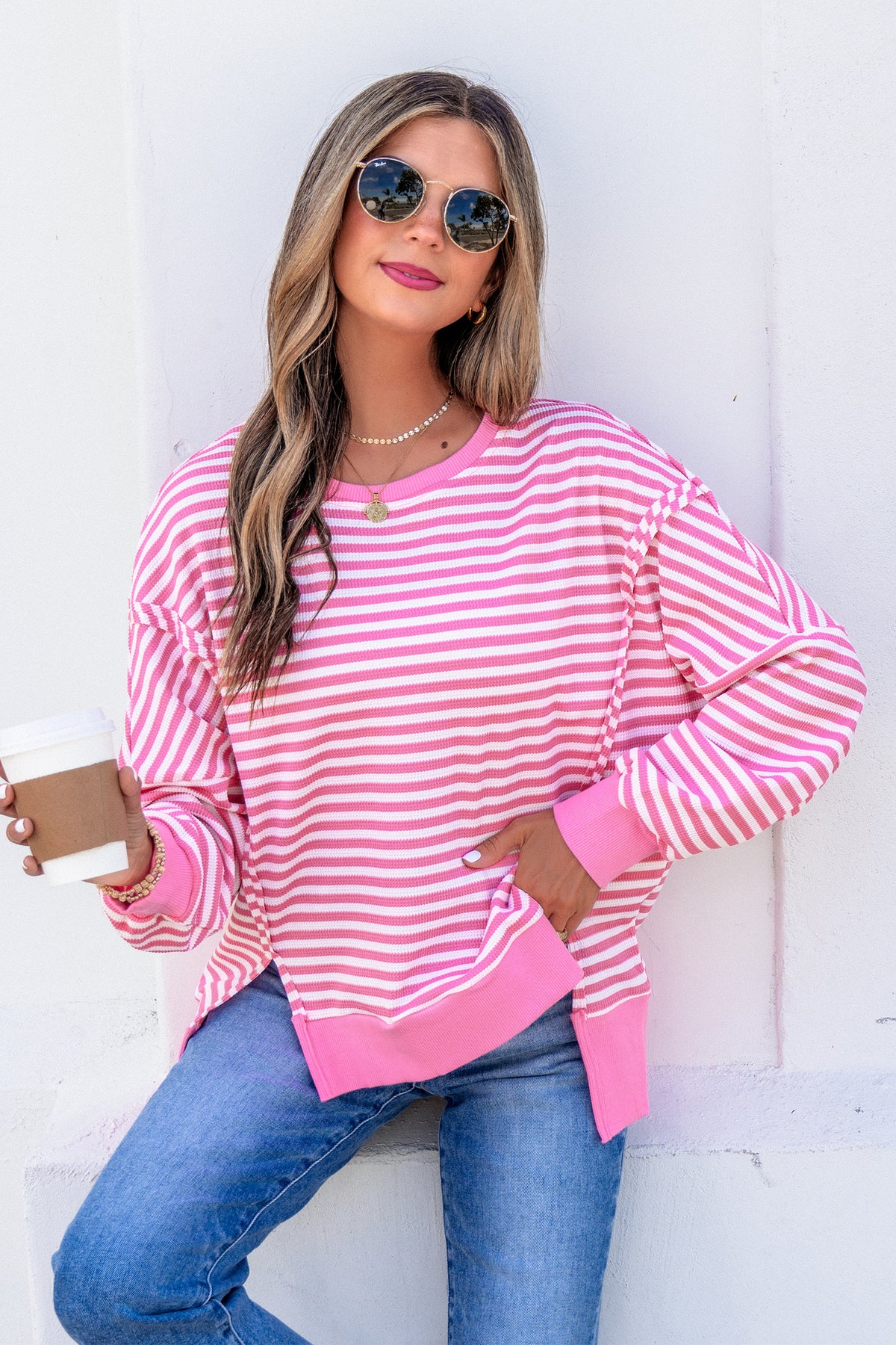 Pink Stripe Textured Knit Colorblock Trim Split Hem Long-Sleeve Top