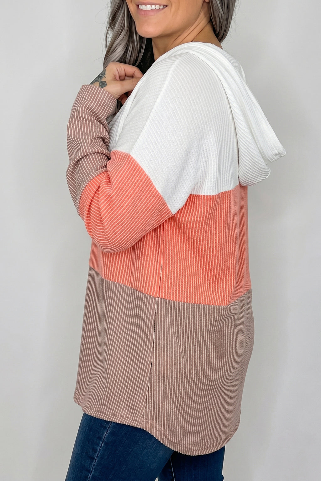 Gold Flame Ribbed Colorblock Hooded Pullover Long-Sleeve Top