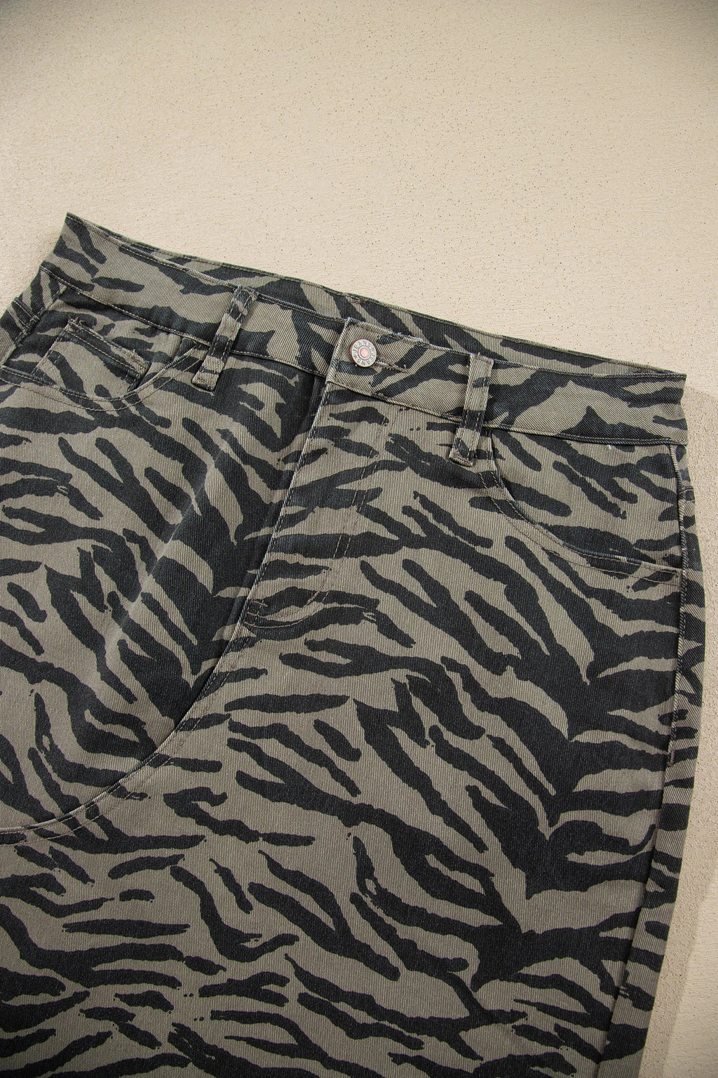 Tiger Stripe Denim Side Slit Raw Hem Midi Skirt