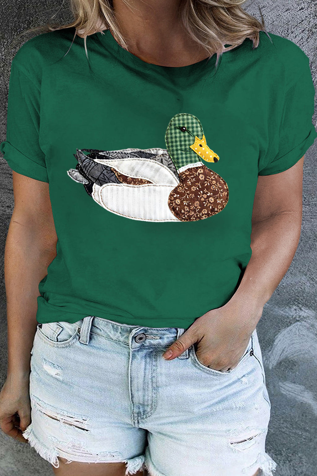 Dark Green Faux Patchwork Mallard Duck Plus Size Graphic Tee
