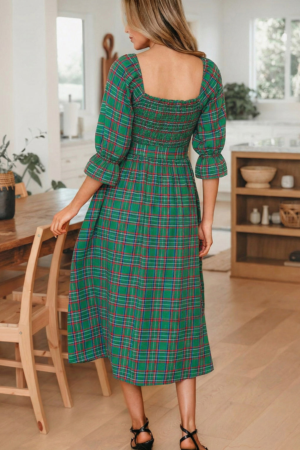 Plaid Puff Sleeve Midi Dress