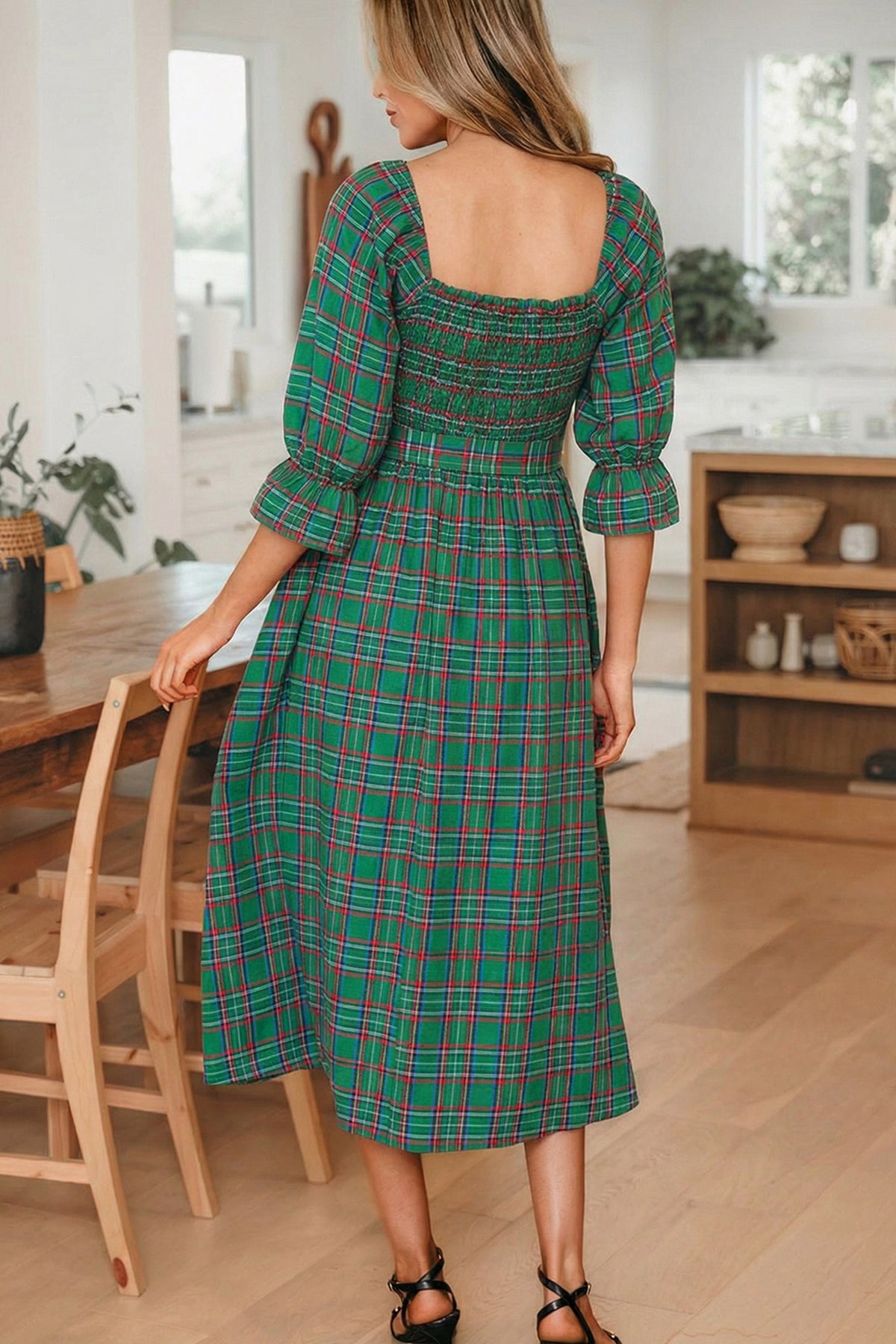 Plaid Puff Sleeve Midi Dress