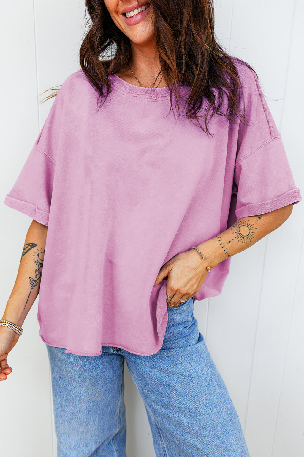 Lavendula 100% Cotton Mineral Wash Drop Shoulder Raw Edge Loose Tee