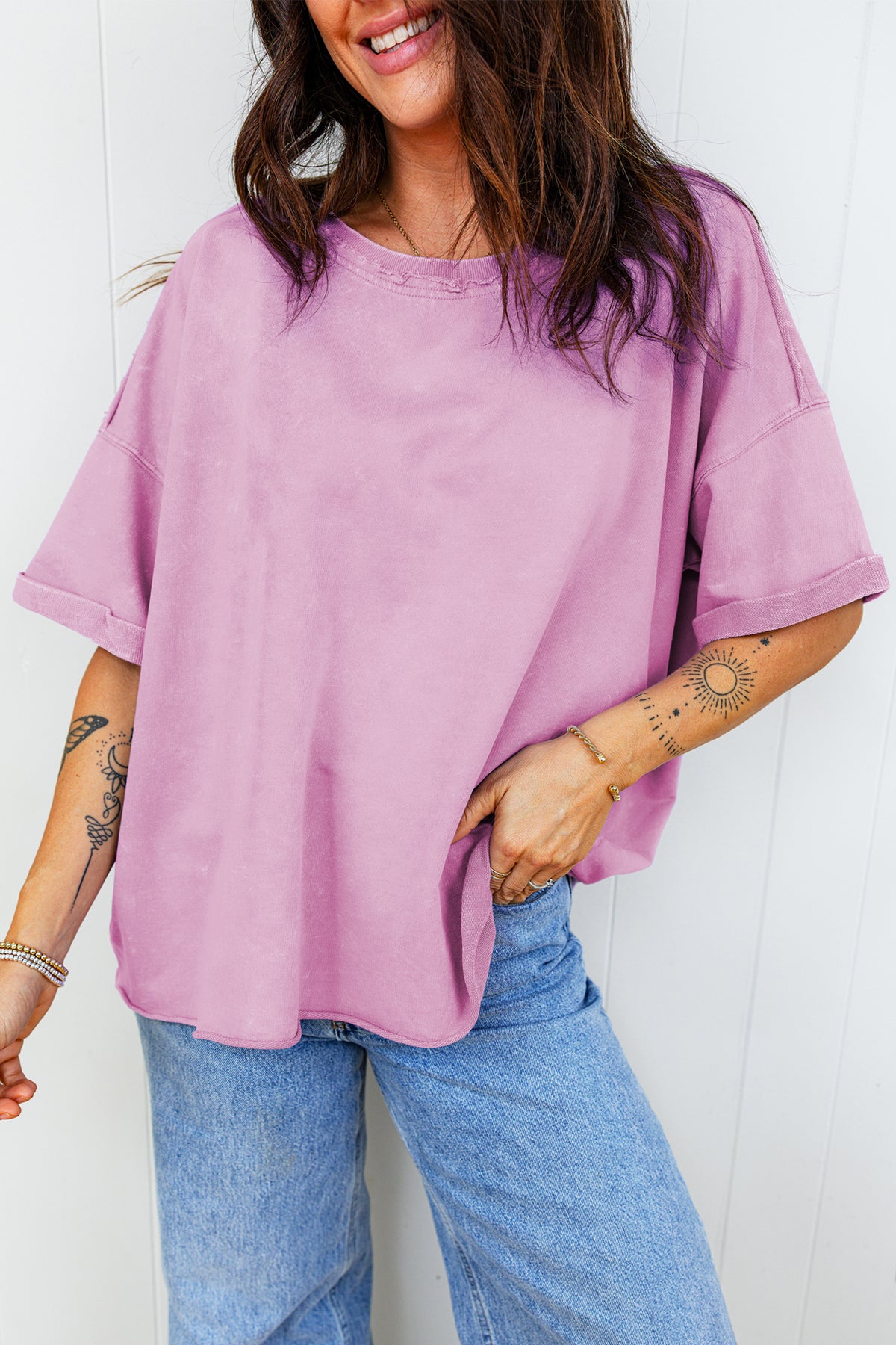 Lavendula 100% Cotton Mineral Wash Drop Shoulder Raw Edge Loose Tee