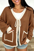 Cream-colored Dear-Lover V-neck sweater cardigan with chestnut contrast trim, tie-front, and loose fit, perfect for casual layering.