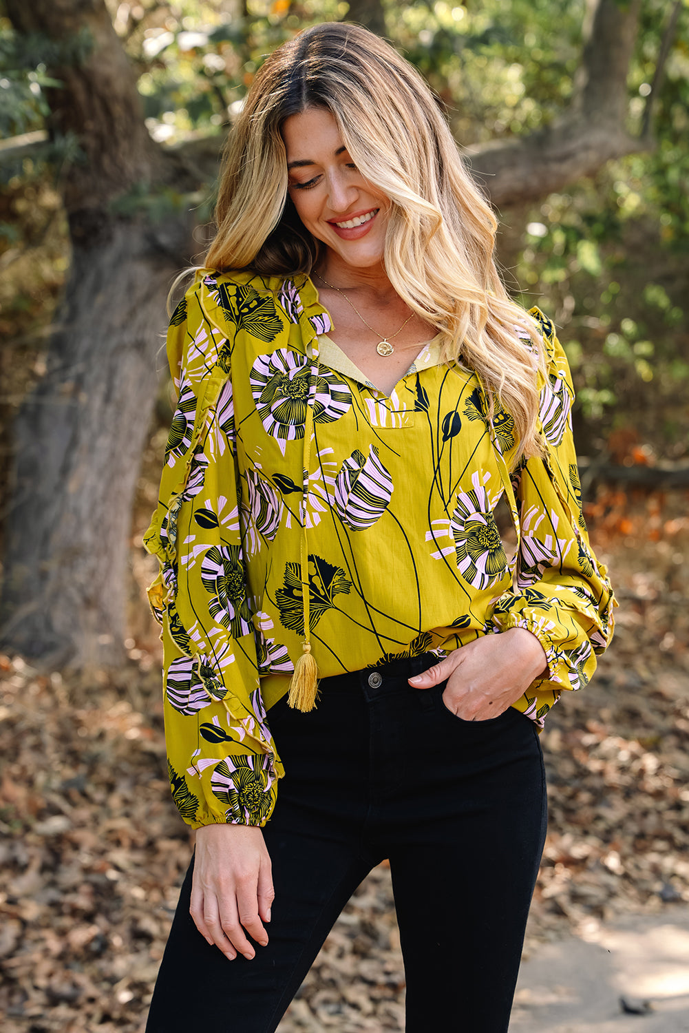 Yellow Vintage Floral Ruffle Blouse