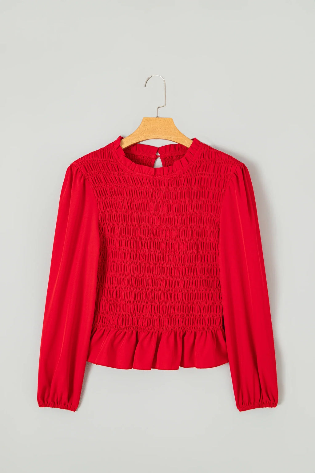 Solid Smocked Ruffle Hem Long Sleeve Blouse