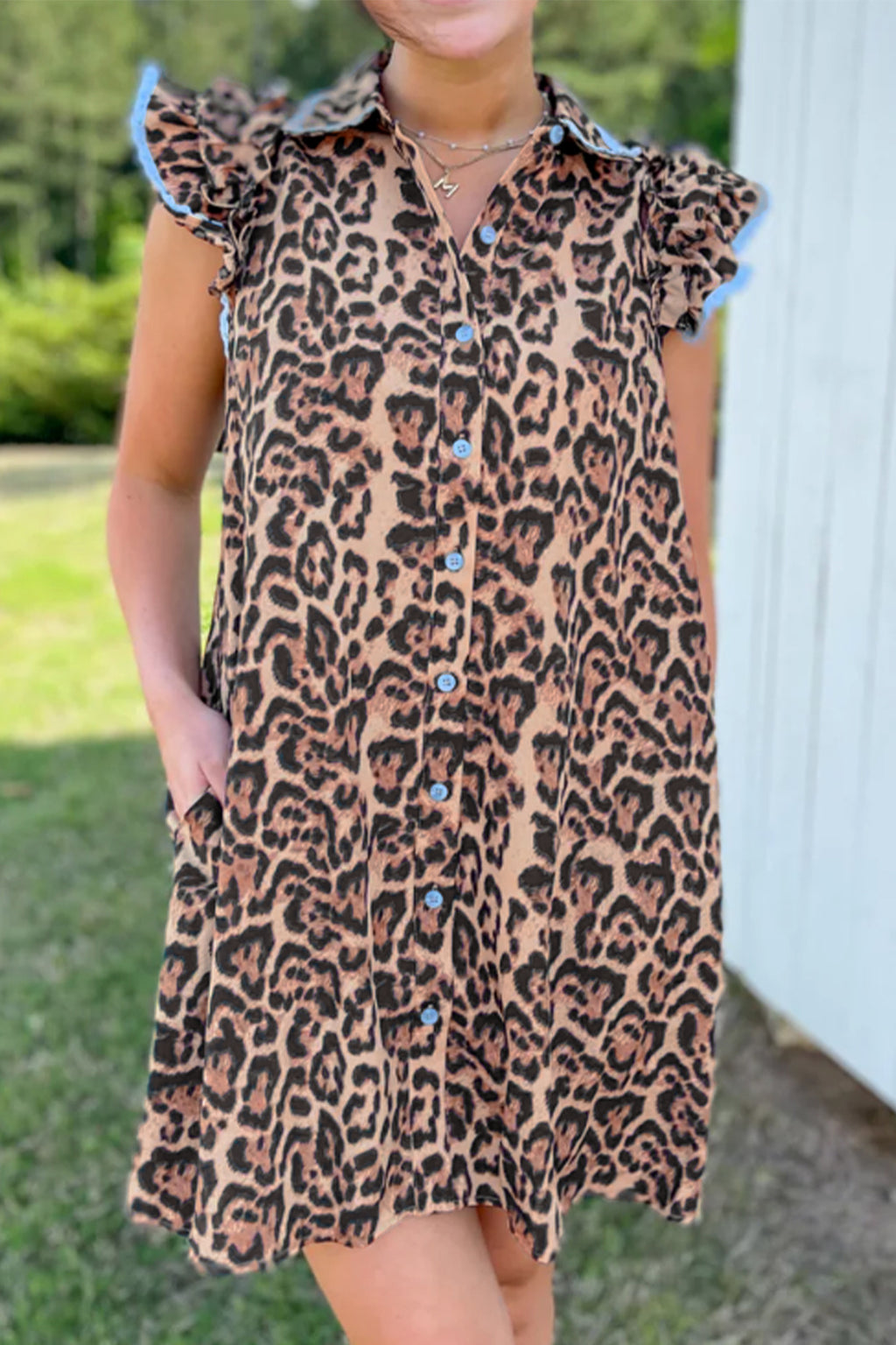 Khaki Leopard Lace-Trim Mini Dress