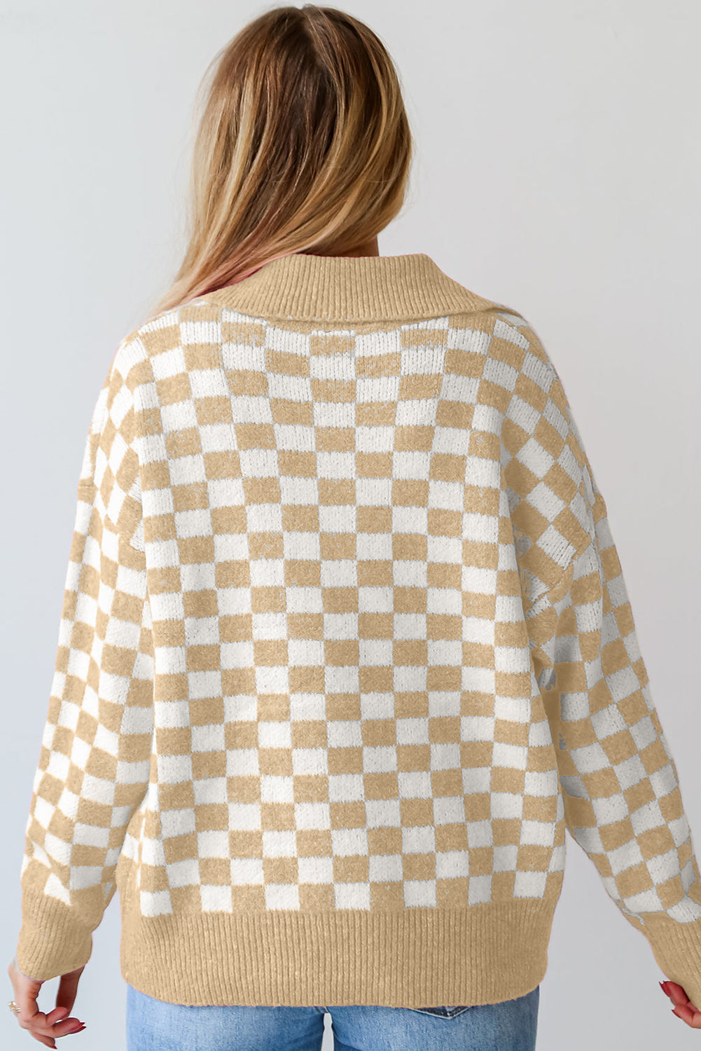 Apricot checkered buttons collar V neck drop shoulder sweater by Dear-Lover, featuring a stylish casual design with a cozy fit.