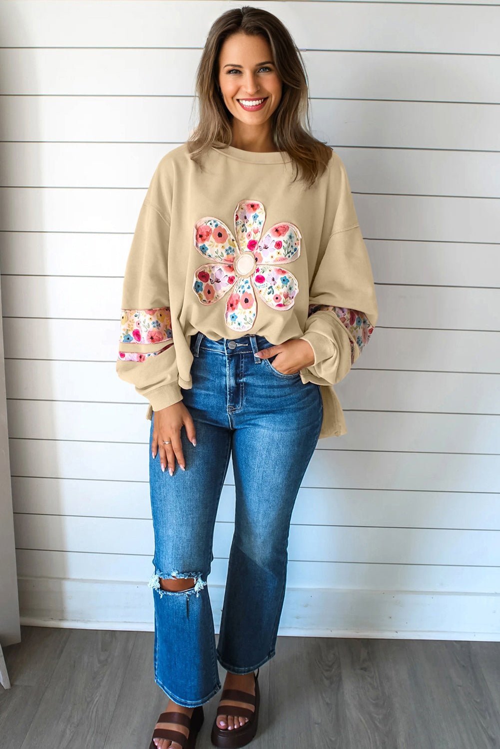 Pale Khaki Floral Applique Baggy Pullover Sweatshirt