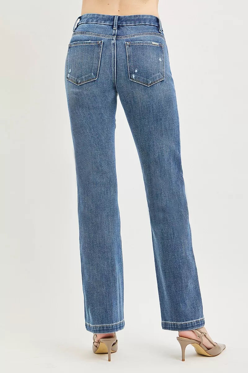 Risen Tummy Control 4-way Stretch Mid-Rise Straight Crease Line pants by Trendsi, showing fabric texture and fit on a model.