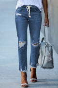 Dark blue Dear-Lover elastic waist straight leg jeans with distressed, destroyed detailing and raw hem, casual and stylish bottoms.