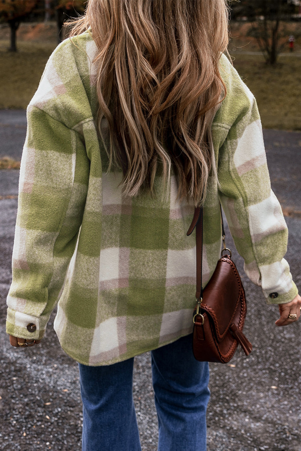 Sage green plaid print shacket with buttoned flap pockets, relaxed fit, and casual style by Dear-Lover.