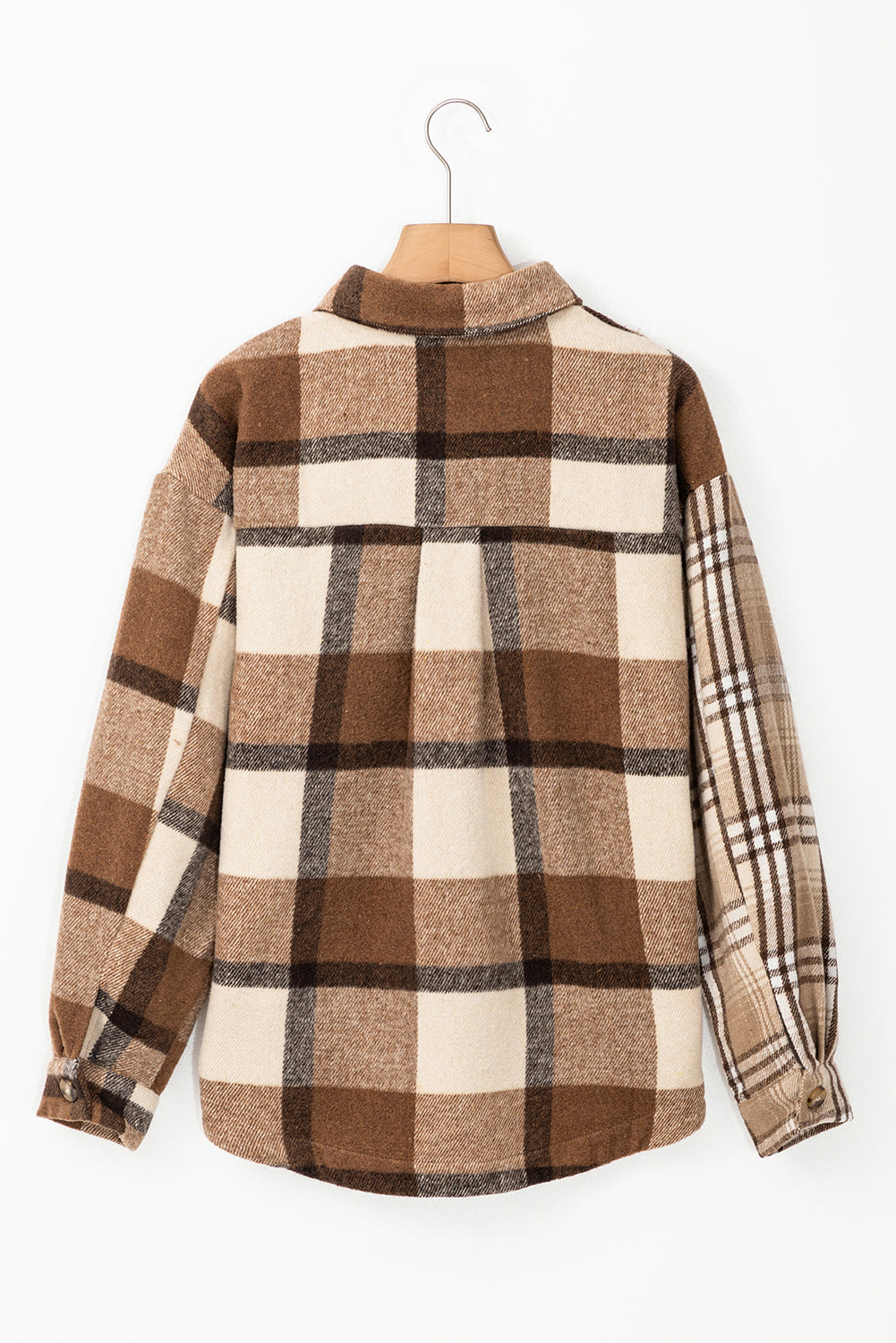 French beige flannel plaid shacket with double flap pockets, stylish and cozy, by Dear-Lover.