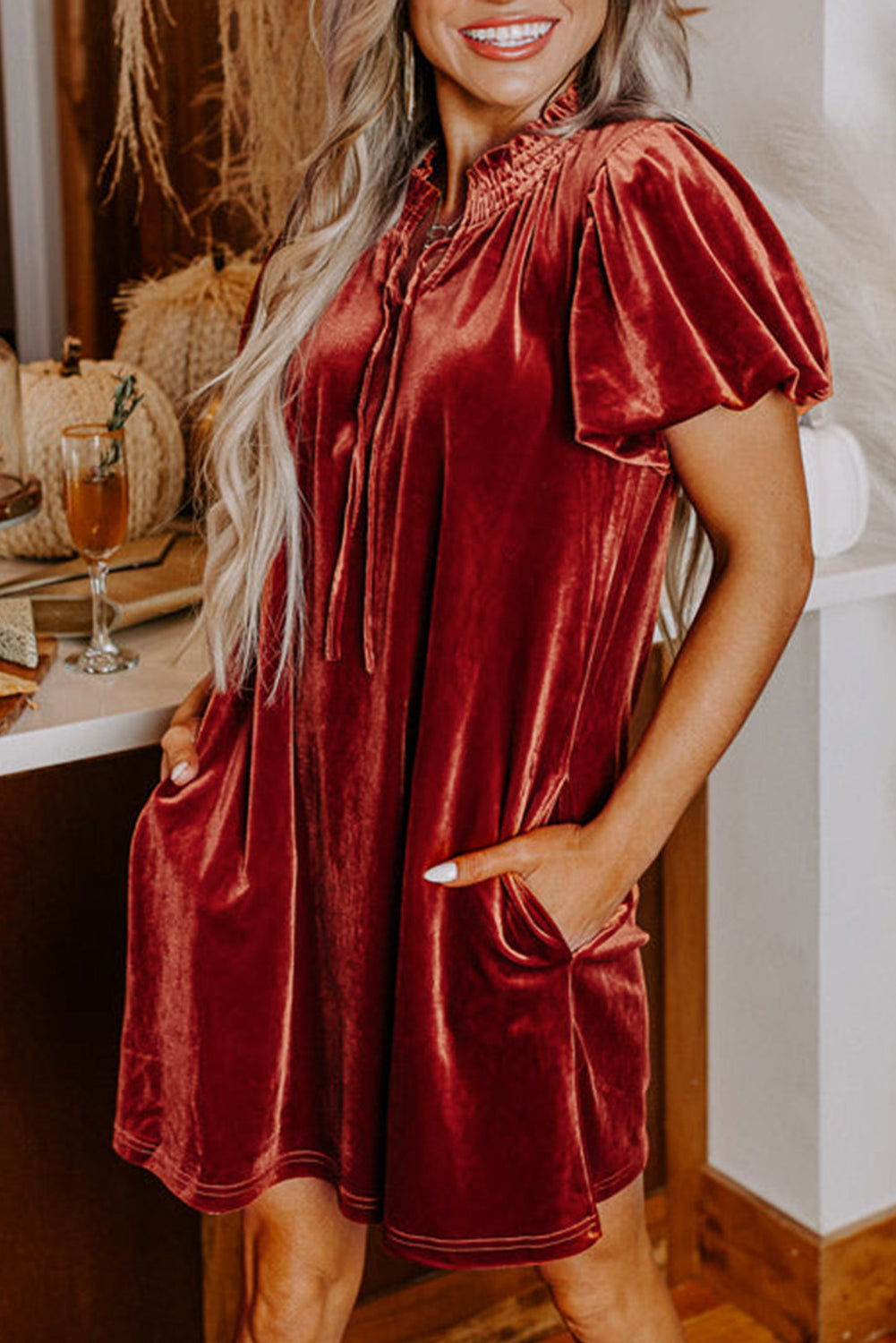 Cinnamon velvet mini dress with smocked neckline and puff sleeves, stylish shift dress by Dear-Lover.