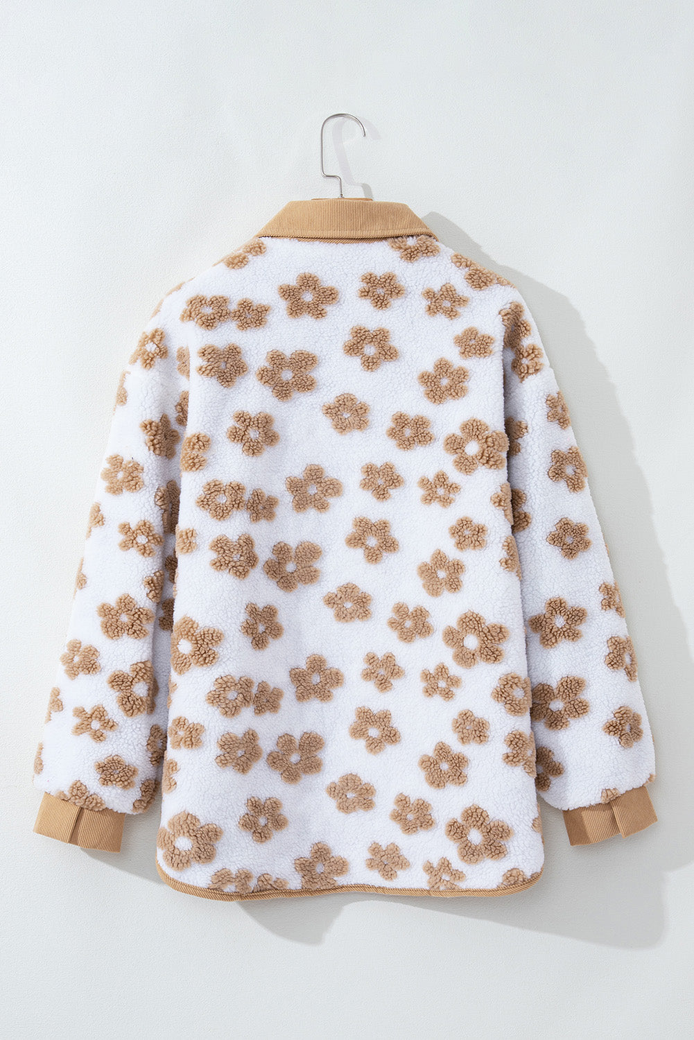French Beige Flower Button-Up Fleece Jacket
