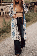 Sky blue Western Aztec printed open front long cardigan by Dear-Lover with bold Aztec patterns and a relaxed fit.