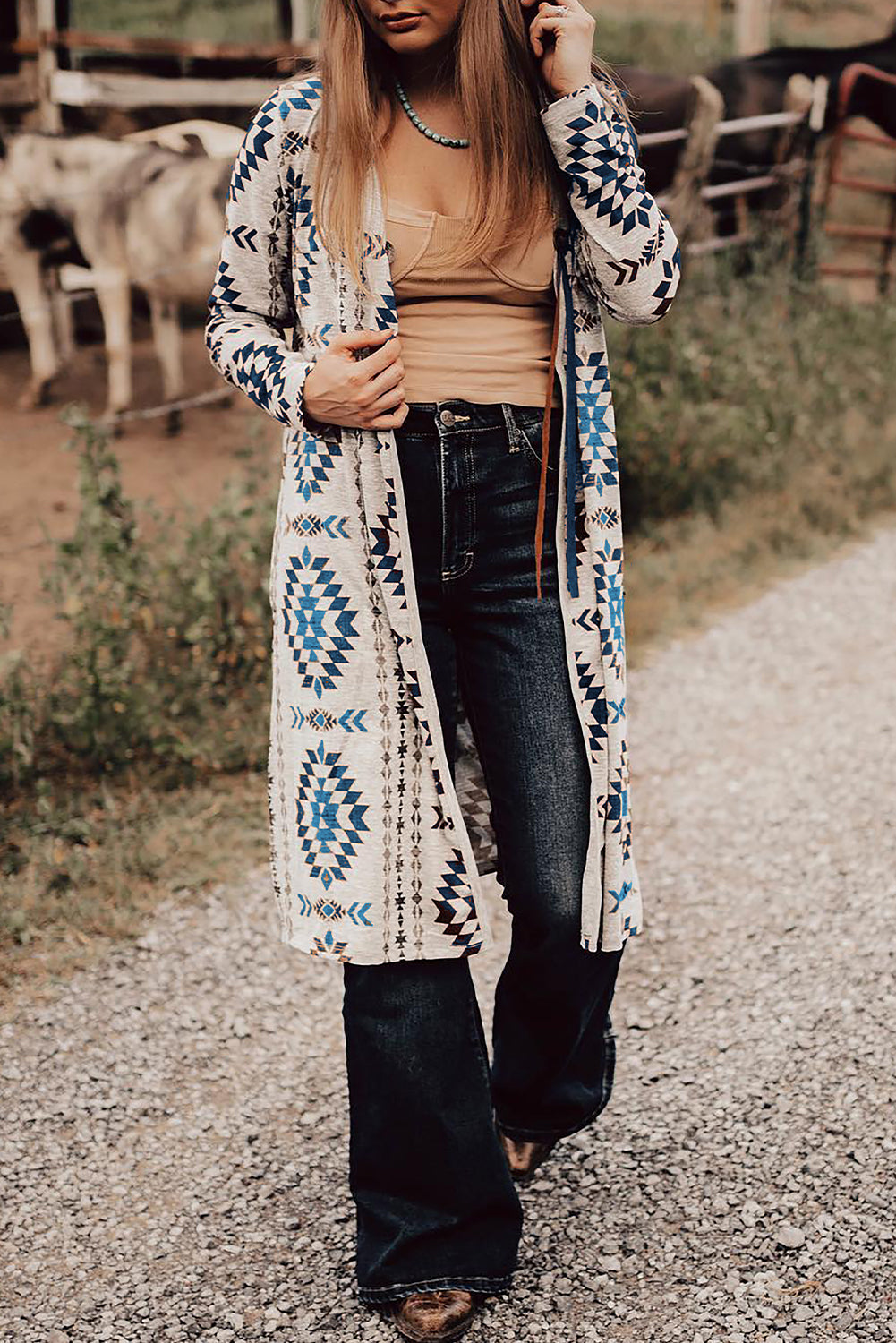 Sky blue Western Aztec printed open front long cardigan by Dear-Lover with bold Aztec patterns and a relaxed fit.