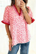 Pink Stripe Ruffled Trim V Neck Leopard Print Short Sleeve Blouse