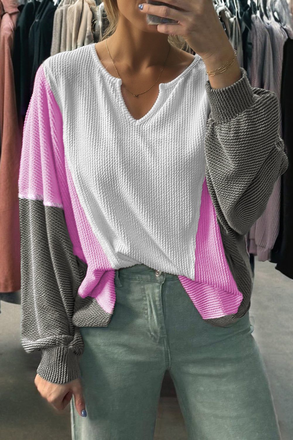White Spiral Ribbed Raw Seam Color Block Patchwork Long Sleeve Top