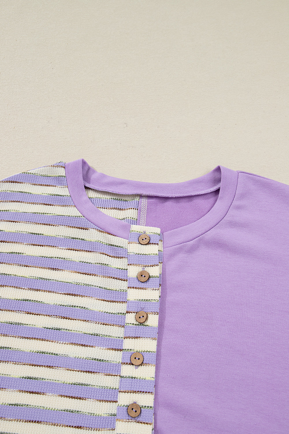 Purple Stripe Patchwork Buttoned Drop Shoulder Plus Size Pullover