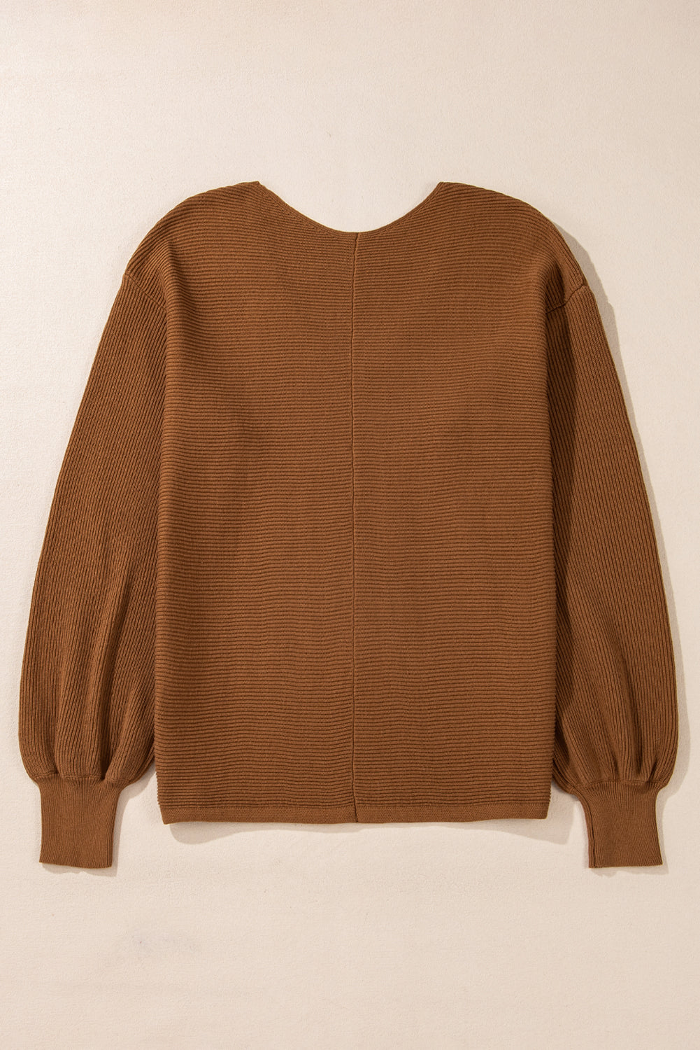 Camel Ribbed-Knit V-Neck Sweater
