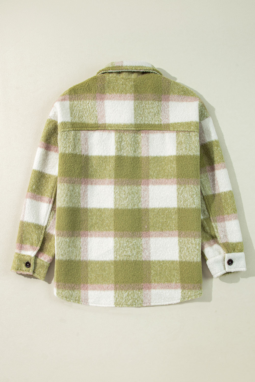 Sage green plaid print shacket with buttoned flap pockets, relaxed fit, stylish and casual for everyday wear.