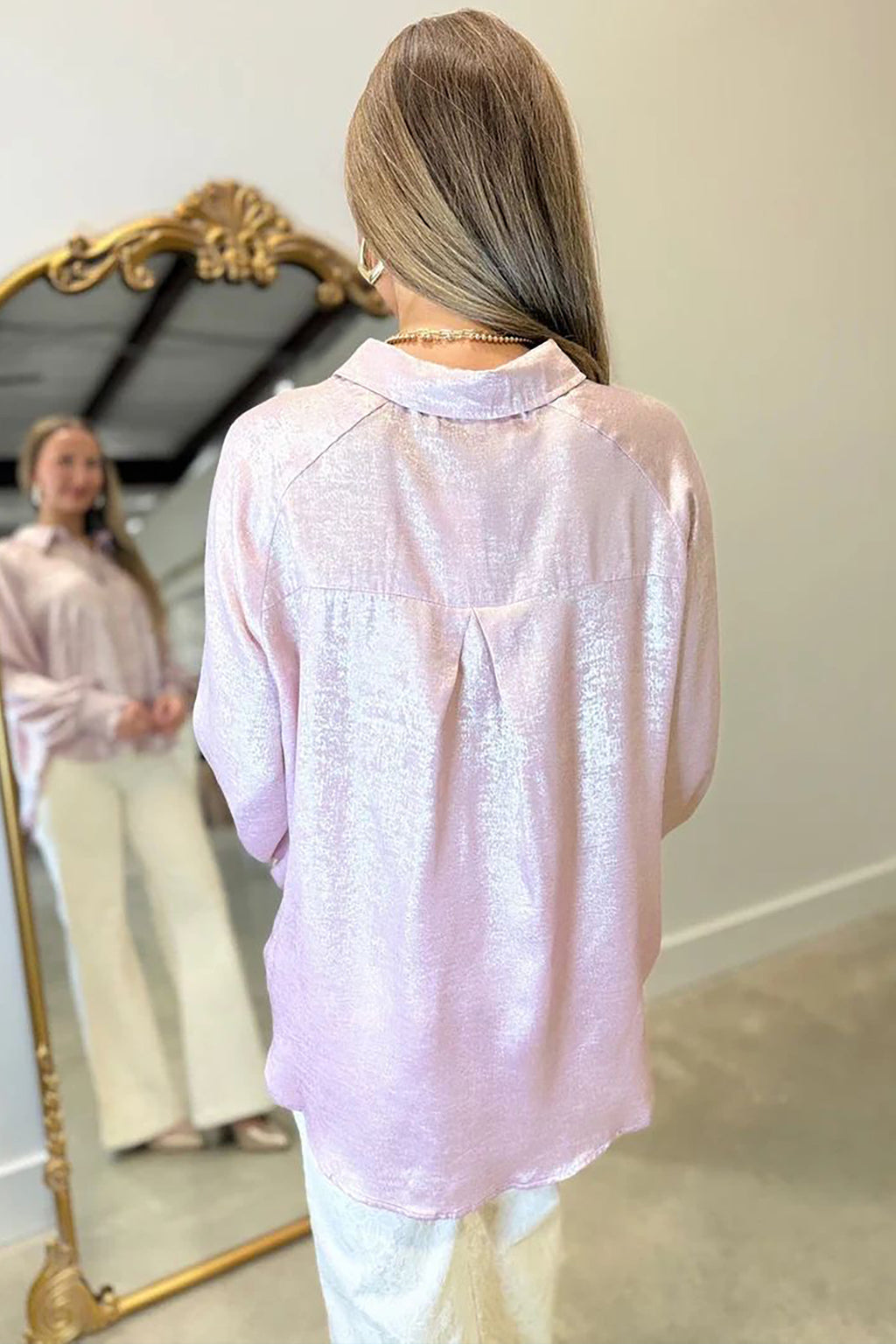 Delicacy Long-Sleeve Button-Front Ruffle Cuffs Back Paneling Shirt