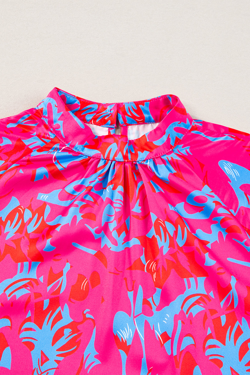 Purple printed bubble sleeve mock neck blouse by Dear-Lover, featuring a stylish design with a fitted silhouette.