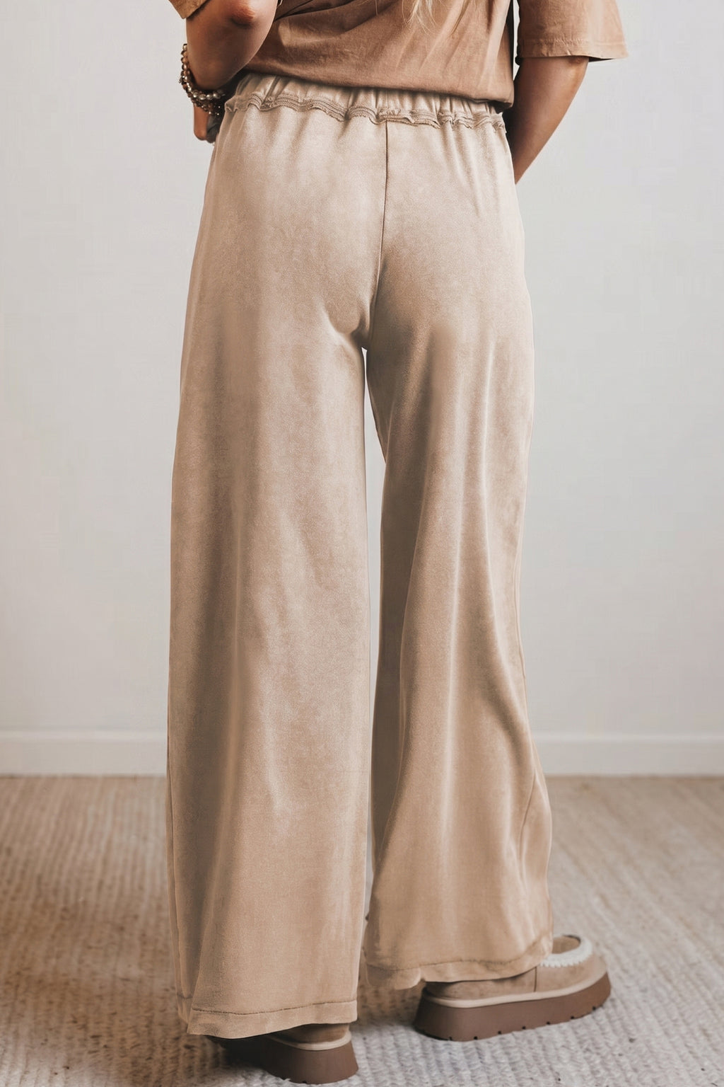 Smoke gray cotton mineral wash retro high waist wide-leg western pants with drawstring, stylish bottoms from Dear-Lover.