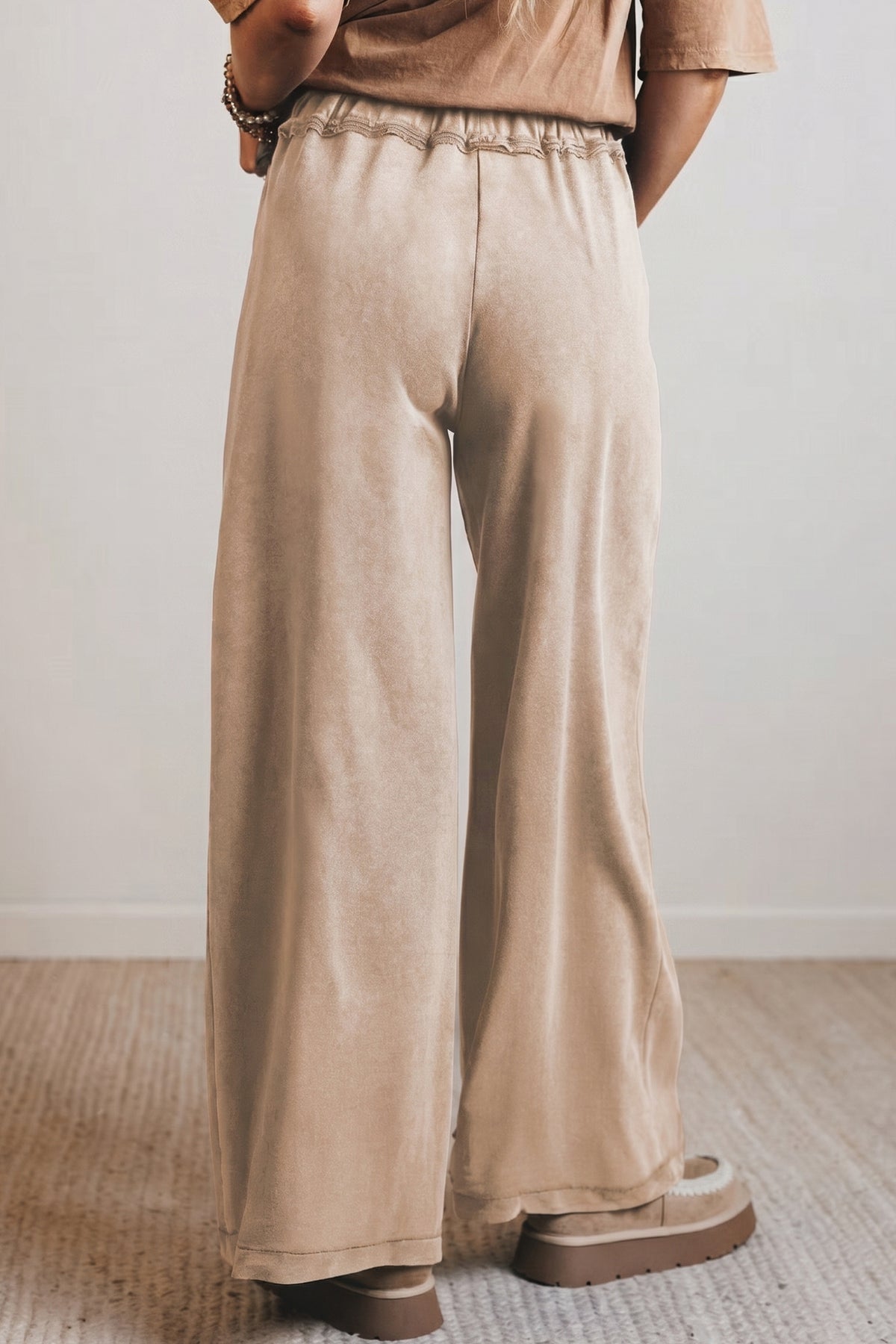 Smoke gray cotton mineral wash retro high waist wide-leg western pants with drawstring, stylish bottoms from Dear-Lover.
