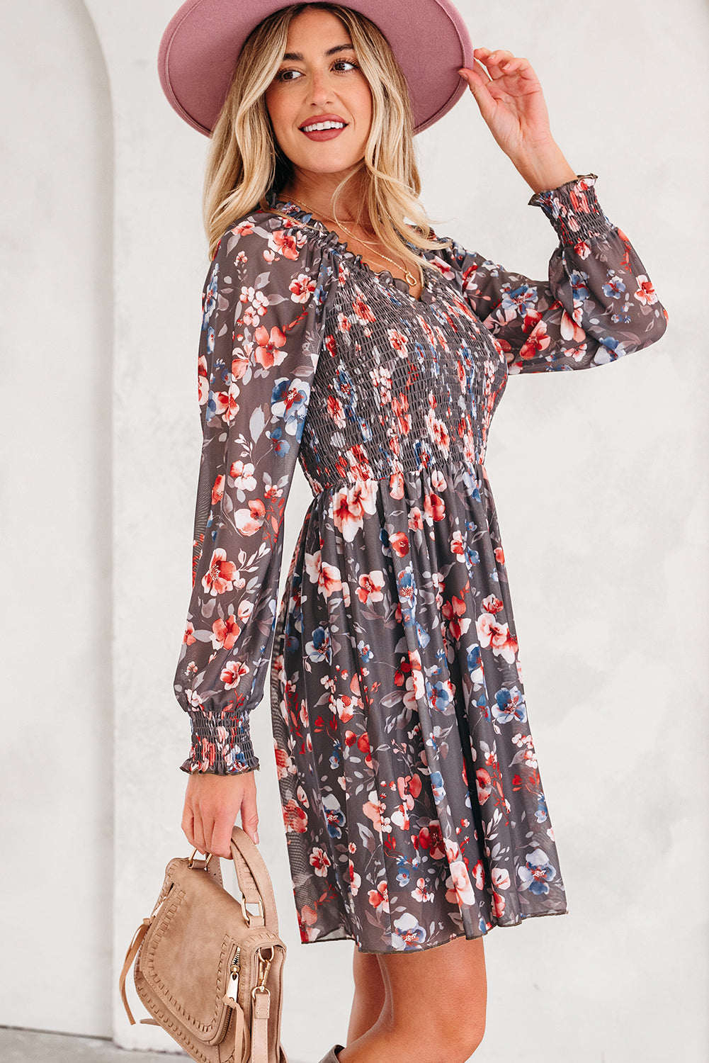 Brown Smocked Floral Mesh Mini Dress