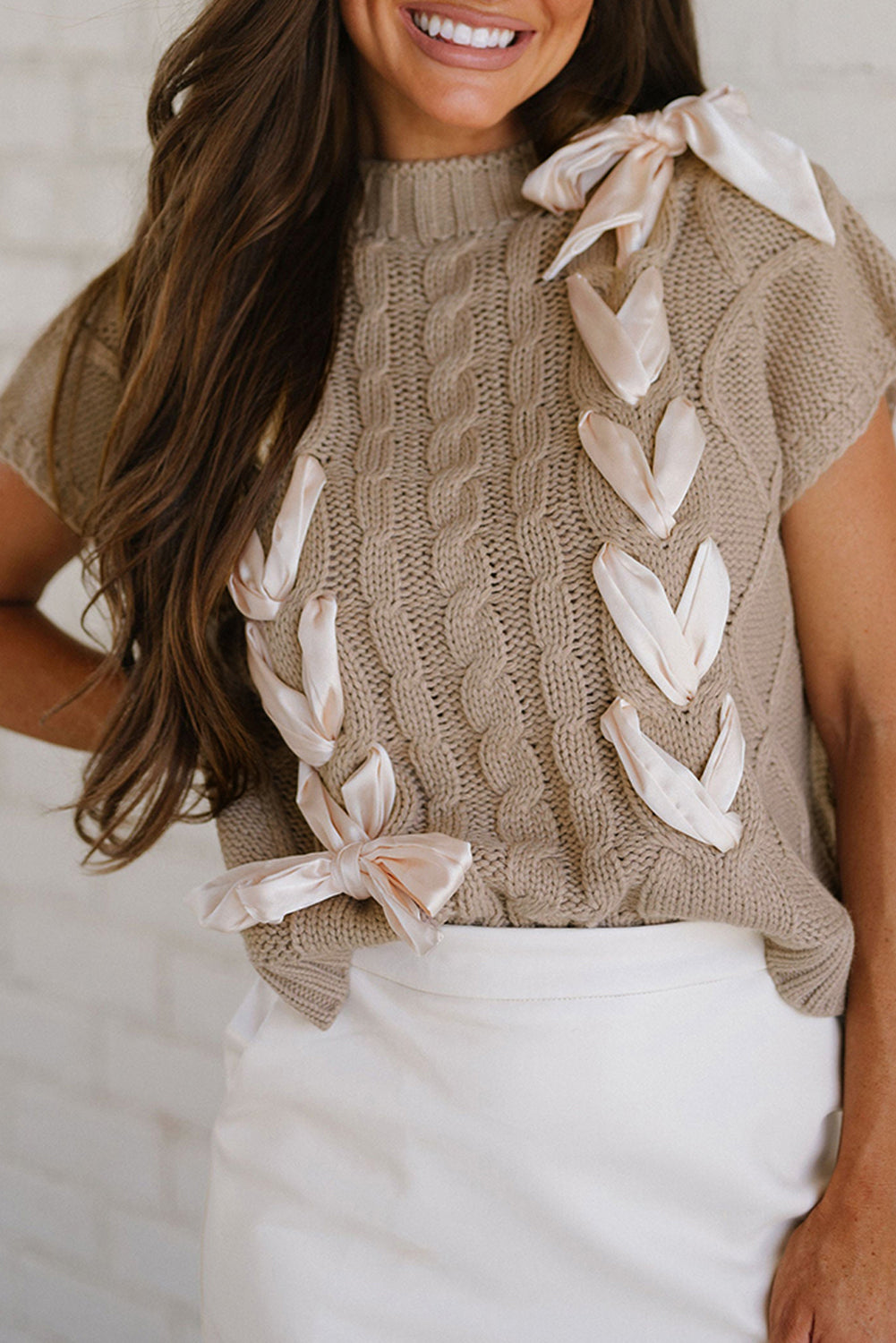 Simply Taupe Cable Knit Bow Sweater