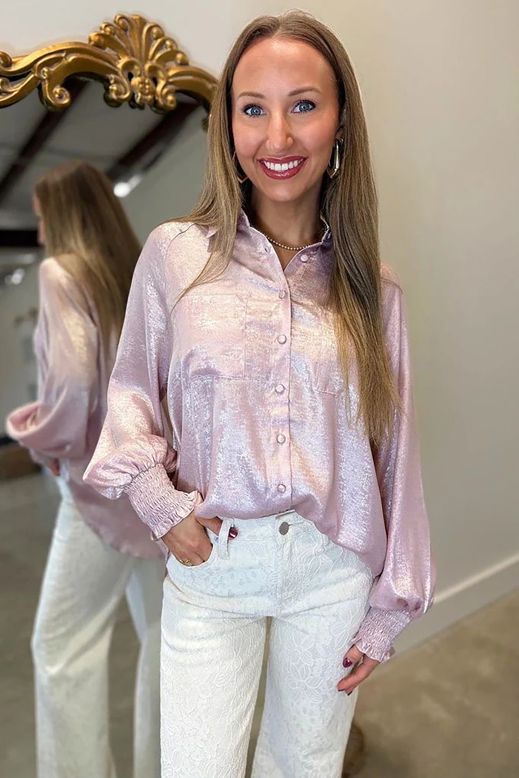 Delicacy Long-Sleeve Button-Front Ruffle Cuffs Back Paneling Shirt