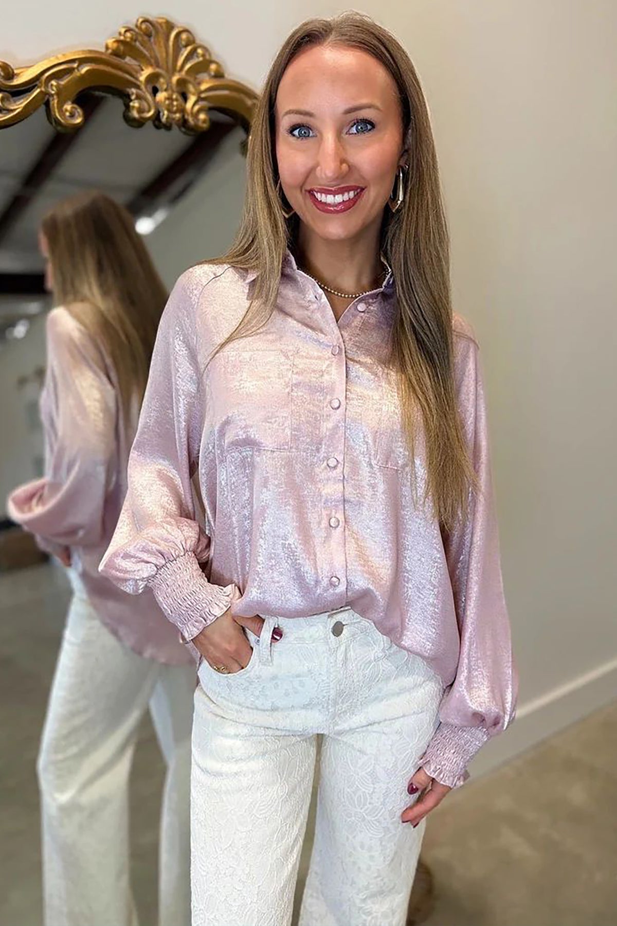 Delicacy Long-Sleeve Button-Front Ruffle Cuffs Back Paneling Shirt