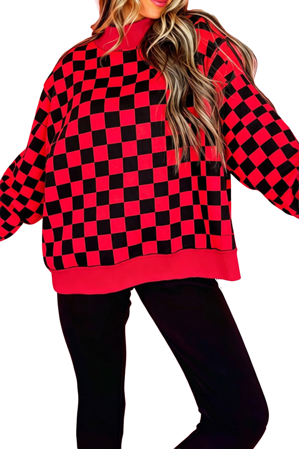Black checkered print high neckline baggy sweatshirt from Dear-Lover with relaxed fit and long sleeves.