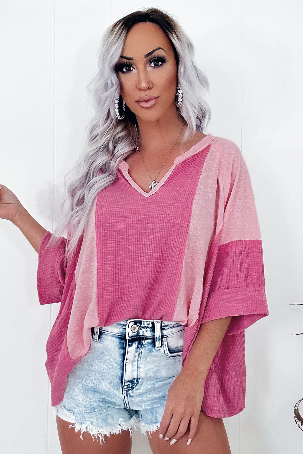 Bright pink textured colorblock 3/4 sleeve oversized top by Dear-Lover, stylish and comfortable women’s casual shirt.