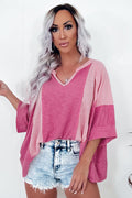 Bright pink textured colorblock 3/4 sleeve oversized top by Dear-Lover, stylish and comfortable women’s casual shirt.