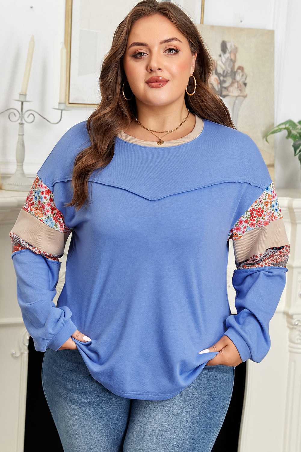 Plus size khaki sweatshirt with floral patchwork and exposed seams from Dear-Lover, relaxed fit with mixed floral and patchwork design.