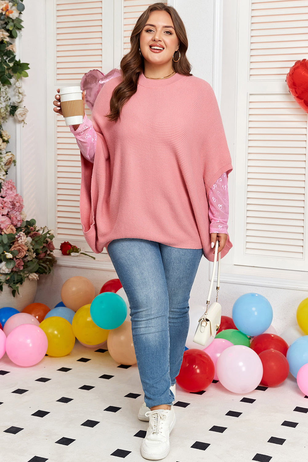 Light Pink Ribbed Knit Half Sleeve Plus Size Poncho Style Sweater