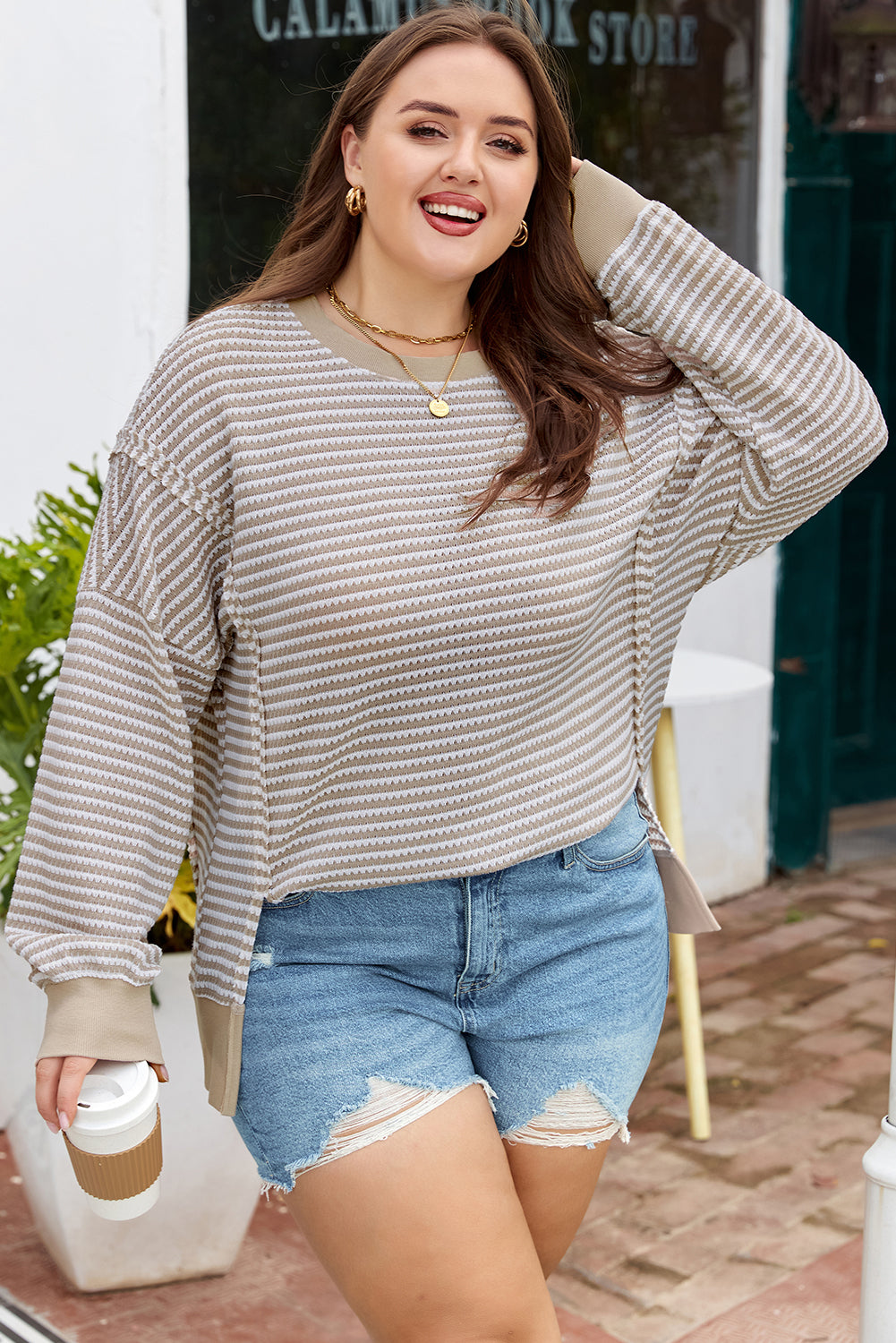 Plus size brown stripe breathable knit long sleeve top with ribbed trim, stylish and comfortable from Dear-Lover.