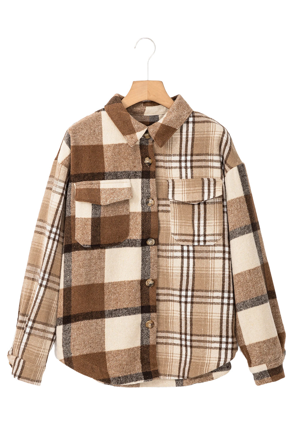French beige plaid flannel shacket with double flap pockets, stylish and cozy Dear-Lover lightweight jacket for casual wear.