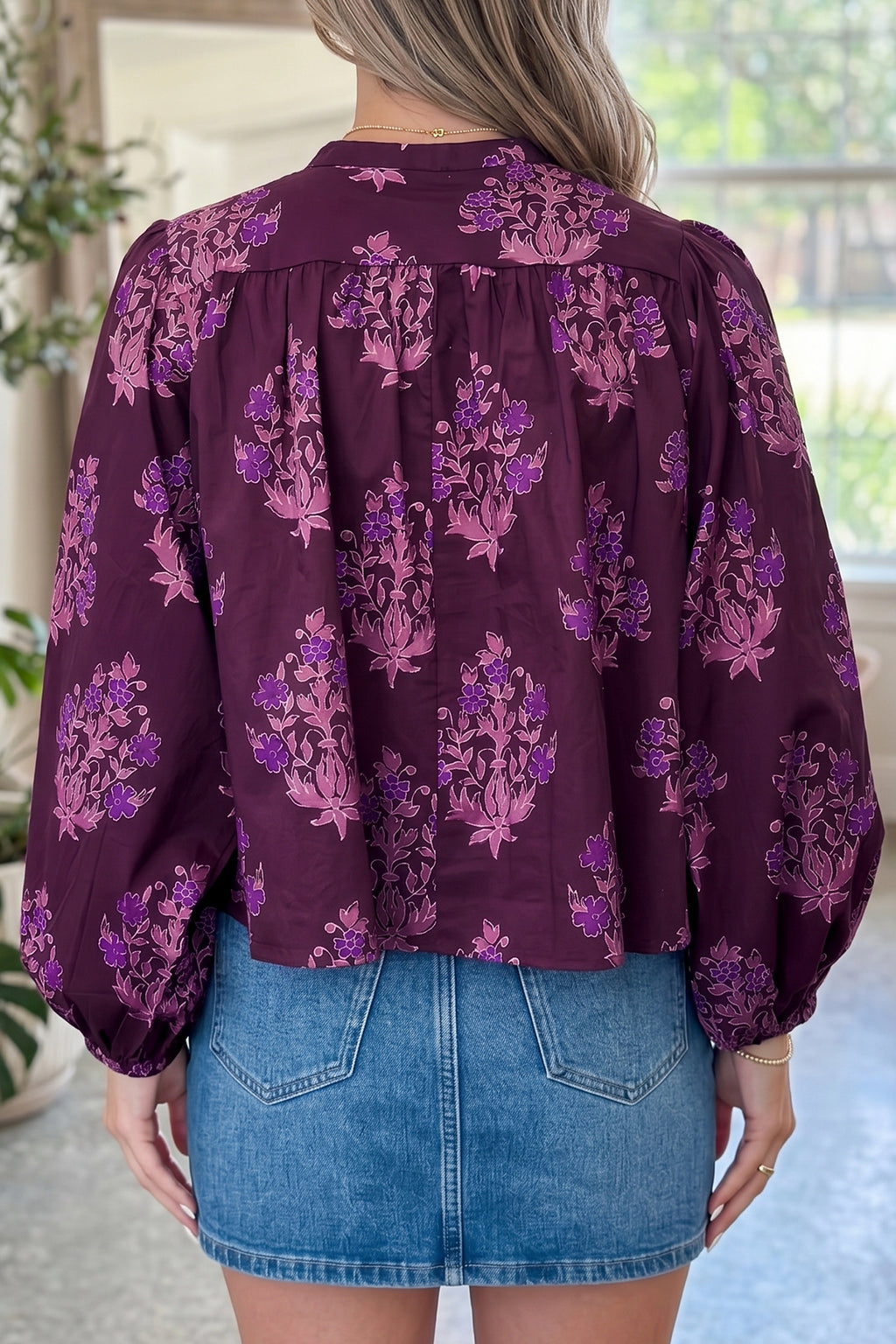 Purple Floral Button-Front Long Puff Sleeve Shirt