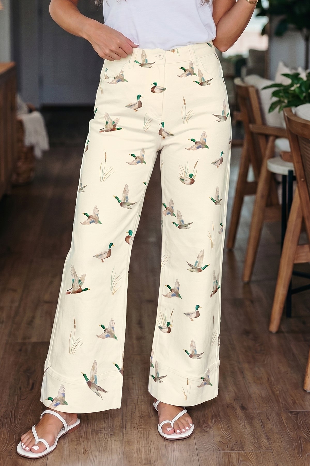 Beige mallard printed cuffed hem denim jeans by Dear-Lover, stylish shift bottoms with unique bird pattern and casual fit.
