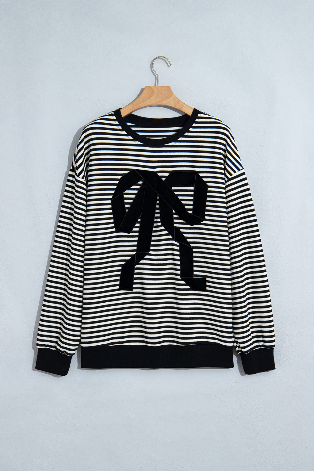 Black Stripe Velvet Bow Drop-Shoulder Relaxed Sweatshirt