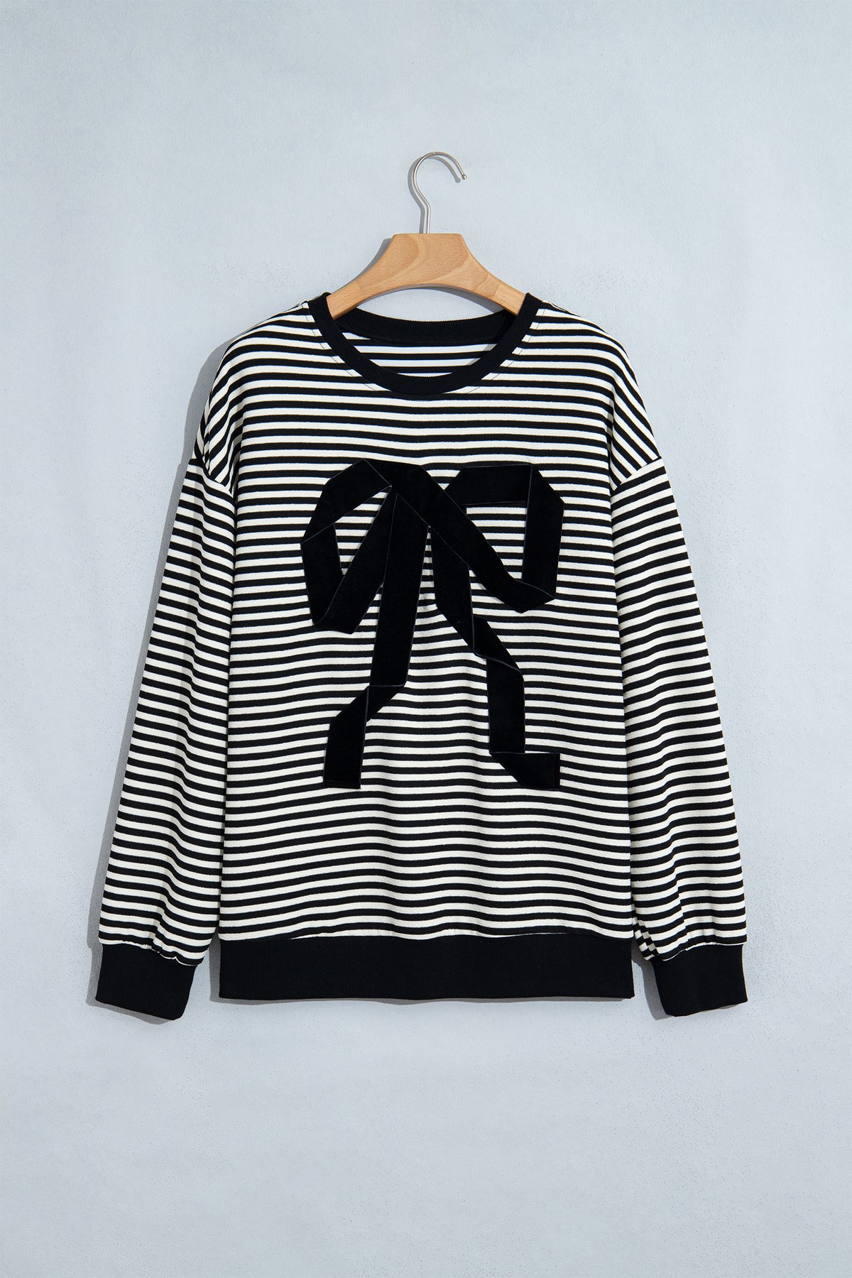 Black Stripe Velvet Bow Drop-Shoulder Relaxed Sweatshirt