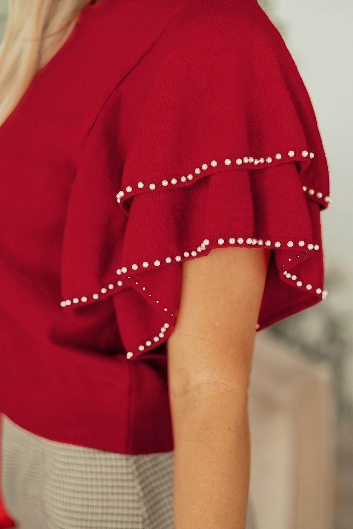 Red Pearl Embellished Ruffle Short Sleeve Sweater