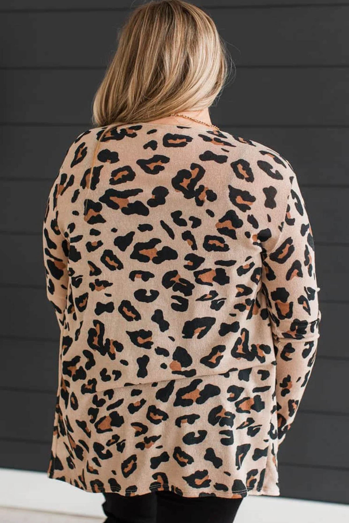 Khaki leopard print long sleeve V-neck tunic cardigan in plus size, stylish outerwear by Dear-Lover.